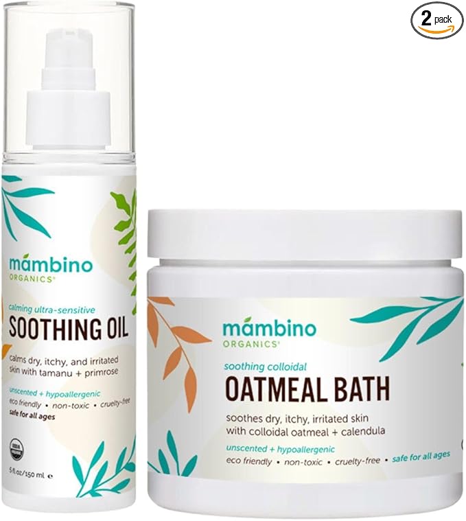 Mambino Organics Calming Skin Set, Oatmeal Bath Soak Powder & Soothing Body Oil, Fragrance-Free with Jojoba & Evening Primrose, Gentle for Babies & Adults, Ultra-Sensitive Skin, Vegan, 11 oz