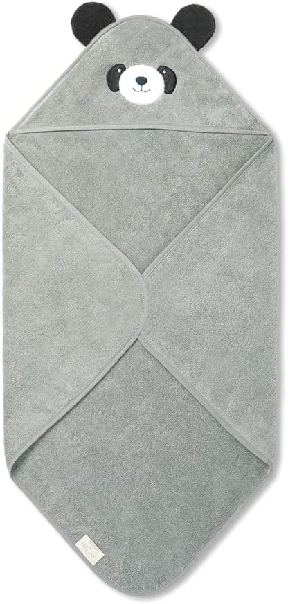 MORI Baby Hooded Bath Towel with Panda Design in Grey - Unisex Soft Wrap Cloth for Infants and Newborns - 30 x 30”