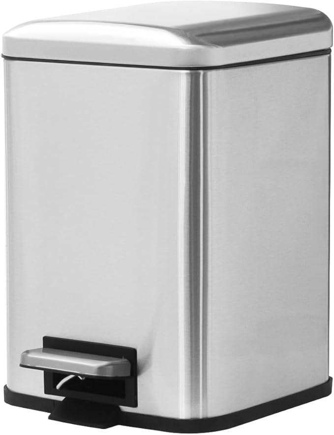 Bathroom Trash Can with Lid, 6 Liter / 1.6 Gallon Small Trash Can with Removable Liner Bucket, Soft Close lid & Step Pedal, Silver Stainless Steel Garbage Can for Bedroom, Office, Dorm