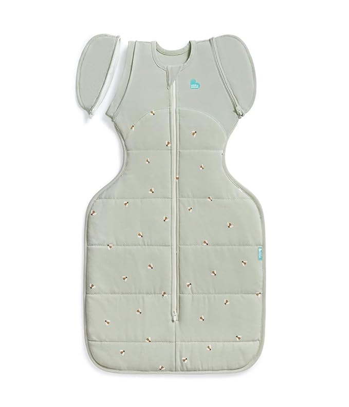 Love to Dream™ Swaddle UP™ Transition Bag, Large 8.5-11 kg, Bees Olive, Snug Fit, Zip-Off Wings, 2.5 TOG, for 16-20°C Temp, Machine Washable Quilted Stretch Cotton, 2 Zips, Easy Nappy Change