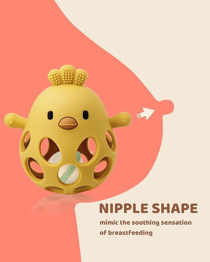 2-in-1 Baby Teething Rattle Toy, Sensory Grasping Teether for Infants 3-12 Months, 100% Food-Grade Silicone, Easy to Hold, Soothing & Developmental, BPA Free