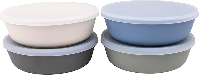 WeeSprout Bamboo Kids Bowls with Lids, Set of Four 15 oz Kid-Sized Bamboo Bowls, Bamboo Kid Bowls with Lids for Leftovers, Dishwasher Safe (Blue, Green, Gray, & Beige)
