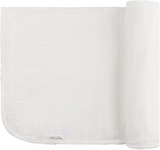 Ely's & Co. Cotton Muslin Swaddle Blanket with Scallop Trim, 1-Pack for Baby Boy or Girl— 100% Cotton Muslin Extra-Large Swaddle Blankets (47” x 47”) Ivory