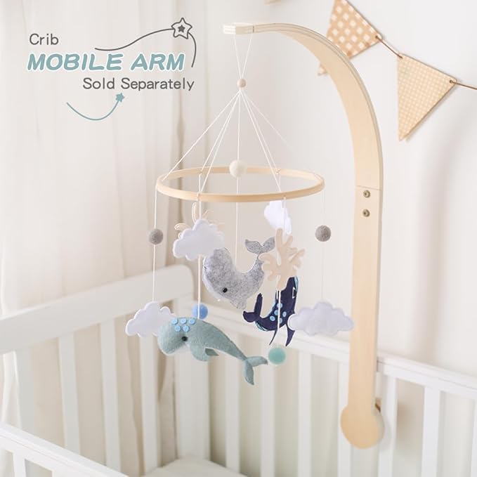 Montessori Baby Mobile for Crib Ocean Animals Crib Mobile Woodland Nursery Decor Soothe Toys for Ceiling Hanging Felt Ball Sea Blue Whale, White Clouds Baby Shower for Boys Girls Gifts