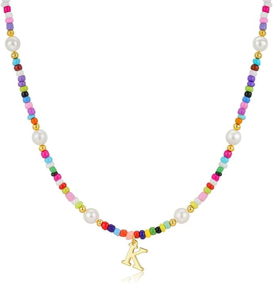 M MOOHAM Colorful Initial Necklaces for Girls Women Kids - Christmas Stocking Stuffers Beaded Pearl Choker Necklace for Women Teen Girl Gifts Trendy Personalized Letter Birthday Gifts Kids Jewelry