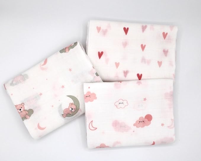 100% Muslin Cotton Baby Receiving Cloths, 3-Pack, 27x27 in (70x70cm), Soft & Gentle for Newborns, Sensitive Skin Safe, For Feeding, Burping & Comfort, 0+ Months (Hearts/Teddy Bear/Clouds)