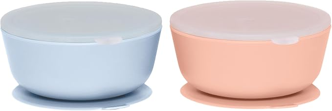 WeeSprout Suction Bowls for Baby & Toddlers (Set of 2) - 100% Silicone w/Plastic Lid - Leak Proof Feeding Supplies - Dishwasher & Microwave Safe Infant Dinnerware w/Extra Strong Base