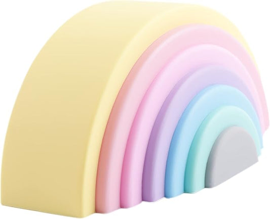 BLUE GINKGO Silicone Rainbow Stacker - Montessori Nesting Puzzle | Kids and Toddler | Stacking Sensory Toys - 7 Layers (Pastel)