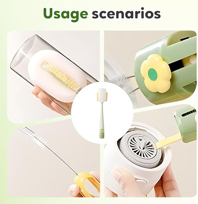 5 in 1 Bottle Cleaning Brush, Multifunctional Water Bottles Cleaner Brushs Portable Bottle and Lid Cleaning Brush Tool, Straw Cleaner Brushs for Baby Bottles Tumblers Glass Cups (1, Green)