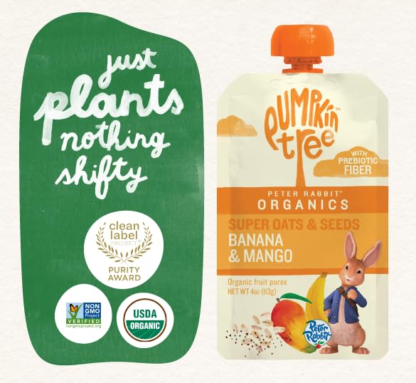 Pumpkin Tree Peter Rabbit Organics Super Oats & Seeds, Puree Squeeze Pouch, Banana & Mango, 4 Ounce (Pack of 10)