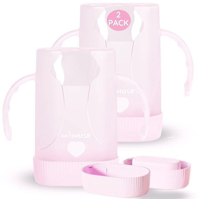 MOMUSE Dual-Lid Squeeze Pouch Holder for Food Pouches & Drink Boxes, Baby Pouch Holder with Larger Capacity, Versatile Design for Self-Feeding, Anti-Squeeze Pouch Holder No Spill No Mess, 2PC Pink