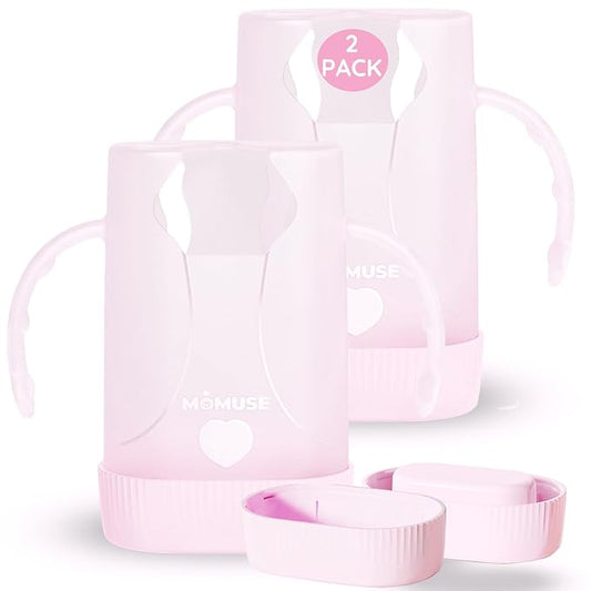 MOMUSE Dual-Lid Squeeze Pouch Holder for Food Pouches & Drink Boxes, Baby Pouch Holder with Larger Capacity, Versatile Design for Self-Feeding, Anti-Squeeze Pouch Holder No Spill No Mess, 2PC Pink