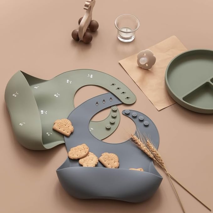 Moonkie Silicone Baby Bibs Set Of 2 | BPA Free Waterproof | Soft Flexible Adjustable Silicone Bibs for Babies & Toddlers(Tradewinds/Sage)