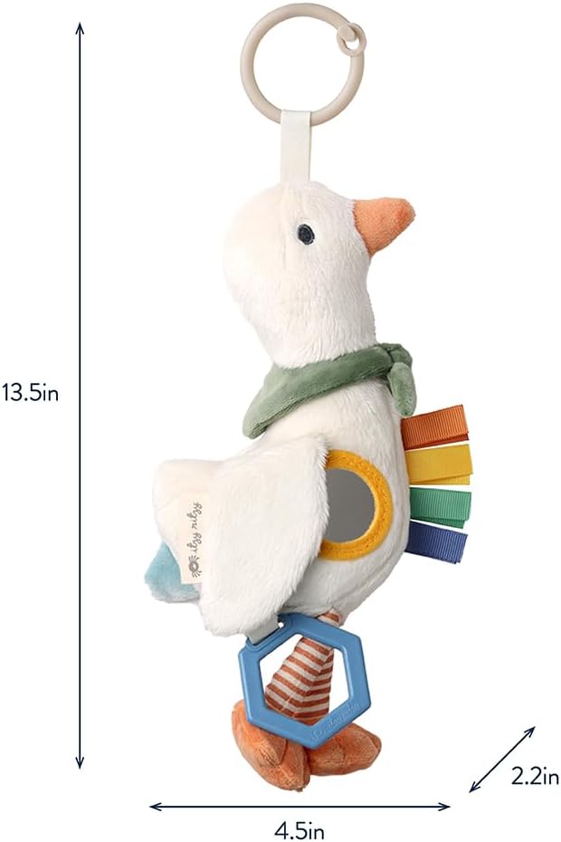 Itzy Ritzy Bitzy Traveler Car Seat & Stroller Toy for Babies – Developmental Sensory Toy Features Crinkle & Rattle Sounds & Multiple Textures – Hanging Travel Buddy for On-the-Go Entertainment (Goose)