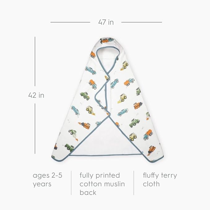 Little Unicorn Premium Hooded Bath Towel| Absorbent Cotton & Terry Blend | Larger Size, 1-6 Years (Work Trucks)