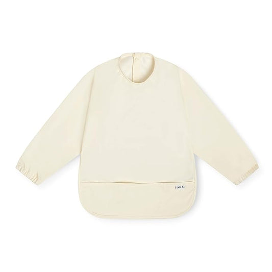 Lalo Smock Bib - Long Sleeve Bib for Infants and Toddlers - Elastic Cuffs, Large Catch-All Pocket, Waterproof Recycled Polyester - Easy to Clean for Mealtime and Art Time - Oatmeal Infant