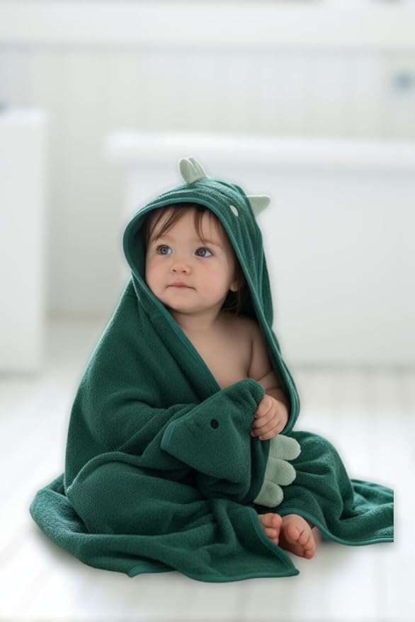 Hooded Baby Towel with Mitt - Ultra Soft Plush Bath Essential for Newborn, Infant & Toddler - Premium 30x30 Inch Large Absorbent Baby Bath Towels with Hood for Boys & Girls (Happy Dino)