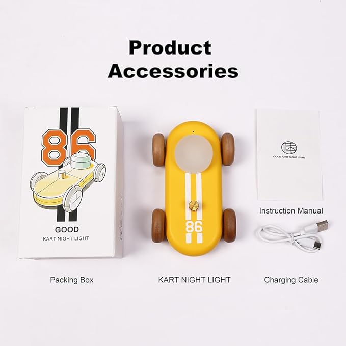 Wooden Go-Kart Night Light for Kids, 7 Color Adjustable, USB Rechargeable (Yellow)