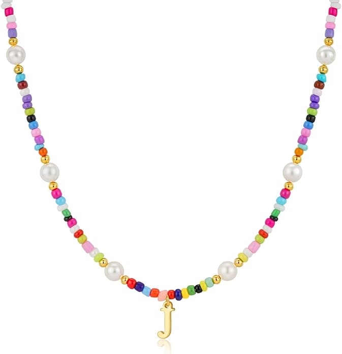 M MOOHAM Colorful Initial Necklaces for Girls Women Kids - Christmas Stocking Stuffers Beaded Pearl Choker Necklace for Women Teen Girl Gifts Trendy Personalized Letter Birthday Gifts Kids Jewelry