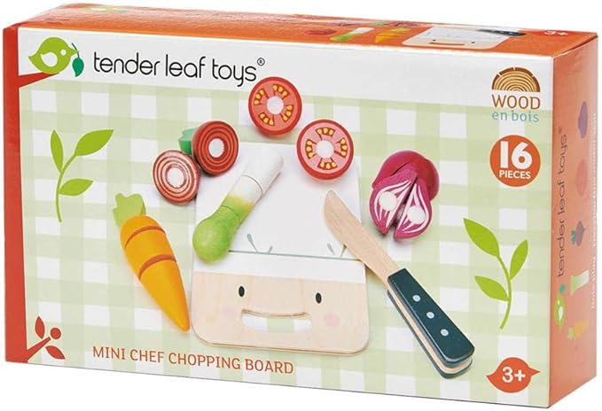 Tender Leaf Toys - Mini Chef Chopping Board - 16 Pcs Wooden Cutting Vegetable Toys with Knife - Accessories for Play Kitchen with Drawstring Bag - Develops Fine Motor Skills for Kids - Age 3+