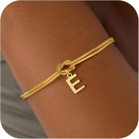 Stocking Stuffers for Teen Girls - 18K Gold Plated Love Knot Initial Bracelets for Women Friends Bridesmaid Gifts Dainty Gold Bracelets Birthday Christmas Gifts for Teens Women