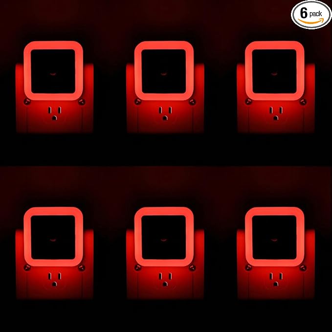 KINUR 6 Pack Red Night Light, LED Night Lights Plug into Wall with Dusk to Dawn sensors, Plug in Night Lights for Kids Room, Bedroom, Bathroom, Baby Nursery,Stair Lights, Hallway Light, Daylight