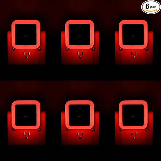KINUR 6 Pack Red Night Light, LED Night Lights Plug into Wall with Dusk to Dawn sensors, Plug in Night Lights for Kids Room, Bedroom, Bathroom, Baby Nursery,Stair Lights, Hallway Light, Daylight