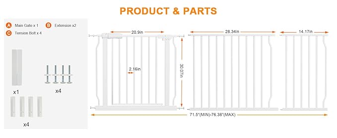 30" Tall Extra Wide Baby Gates for Doorways & Stairs - Large, Long Pressure Mounted Metal Safety Gates for Kids & Dogs - White (71.5-76.38 Inch)
