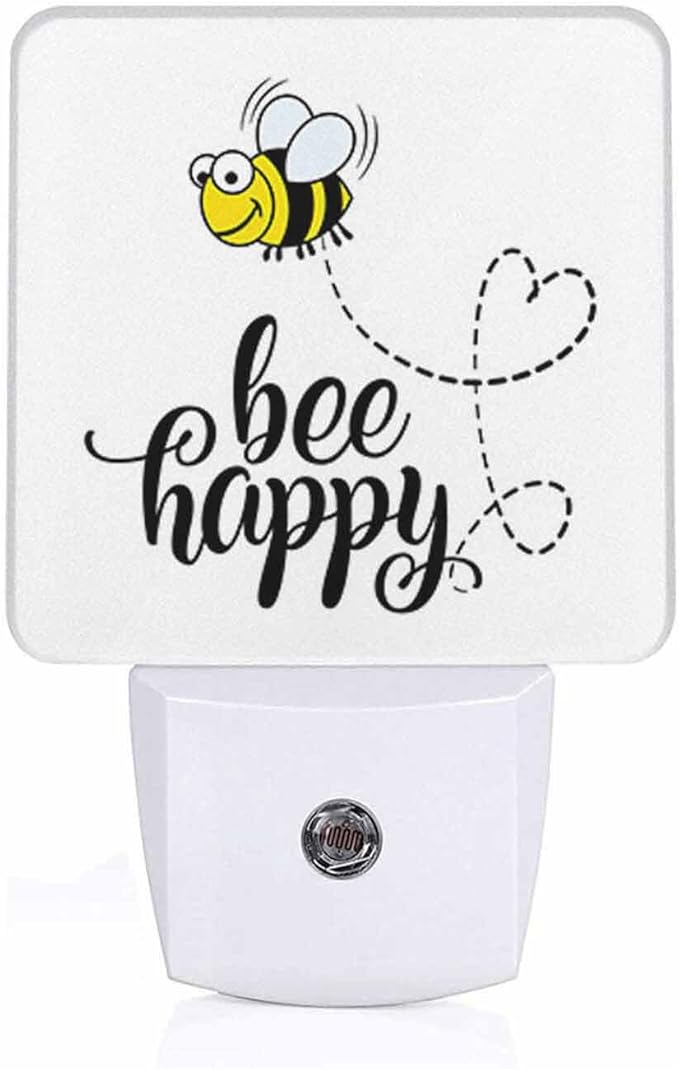 LED Night Light,Bee Happy Funny Text Quote Cute Fat Bee LED Night Light Plug into Wall with Dusk to Dawn Light Sensor White Energy Efficient Nightlight for Bedroom Bathroom Hallway Living Room Kitchen