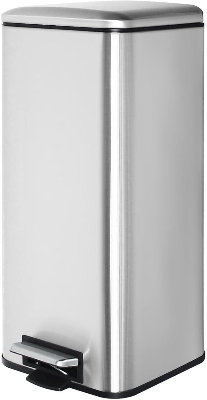 8 Gallon SquareTrash Can with Soft Close Lid, Stainless Steel Trash Can with Removal Inner Bucket, Hand -Free Trash Bin for Kitchen, Office, Laundry, Bathroom, 30 Liter Capacity, Silver