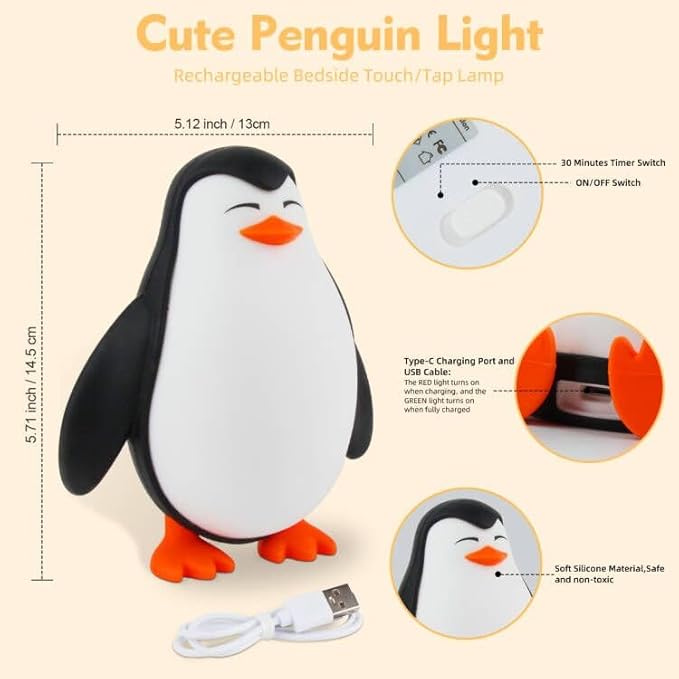 Tcamp Cute Penguin Night Light for Kids, 3 Level Dimmable Nursery Nightlight Lamp, Cute Silicone Squishy Lighted Penguin Tap Light, Rechargeable Bedside Touch Lamp for Toddler Baby