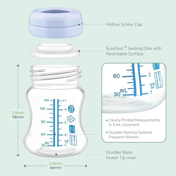 Maymom Wide-Mouth Milk Storage Collection Bottle with SureSeal Sealing Disk; Compatible with Spectra/Motif Luna/Ameda MYA/Bellababy Pumps. Can Replace Spectra S1 S2 Bottles, 6 pc (4.7Oz/140mL, 6pc)