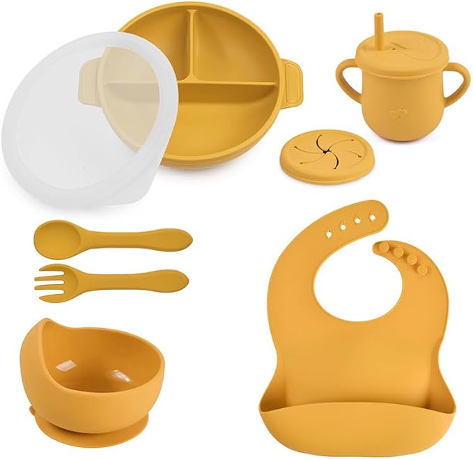 Silicone Baby Feeding Set - Perfect silicone plates for baby & Toddler Plates with lid, Baby Bowls with Suction, Baby Utensils - Baby Led Weaning Supplies & Eating Essential - (Yellow)