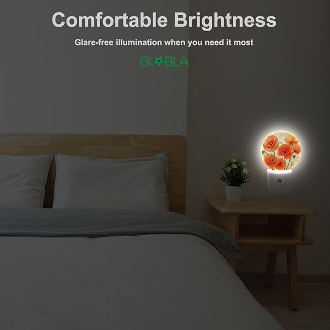 EKOBLA Floral Night Lights Plug into Wall Vintage Poppy Flower Red Orange Night Light LED Round Lamp for Boys Girls, Dusk to Dawn Sensor Nightlight for Stairway Hallway Kitchen