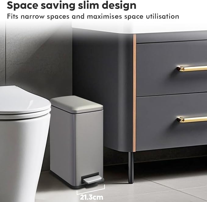 Bathroom Bin 17L, Kitchen Bins Small Trash Can with Soft Close Lid,Slim Pedal Bin with Removable Inner Bucket for Home,Bathroom,Kitchen,Bedroom,and Office.Grey
