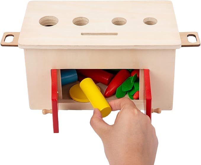 Adena Montessori 4-in-1 Play Kit Box for Infants,Toddlers and Babies 6-12 Months, 1 Year, 2 Year and 3 Year- Includes Coin Box, Cylinder & Carrot Drop Box, and Blind Touch Perception Box with Door