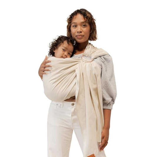 WildBird - Ring Sling Baby Carrier - Newborn to Up to 35 lbs - for Moms, Dads & Caregivers - 100% Natural EuropeanLinen Fibers - Versatile & Adjustable - 74” Size - Sparrow Fabric & Rose Gold Ring
