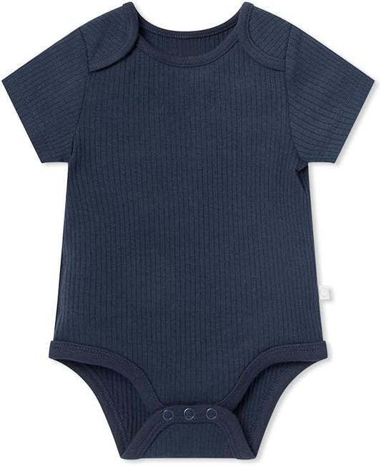 MORI Baby Ribbed Short Sleeve Bodysuit with Envelope Neck and Nickel Free Poppers - Unisex Toddler Romper for Boys and Girls