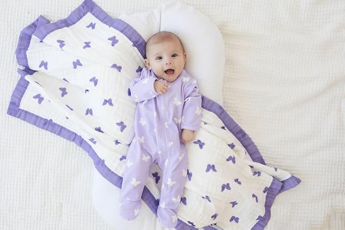 Organic Cotton Baby Blanket | Soft & Breathable 6-Layer Swaddle & Receiving Blanket | Lightweight Quilt for Newborns & Toddlers | Gender-Neutral(Multiple Adorable Prints) (Lilac Flutter)