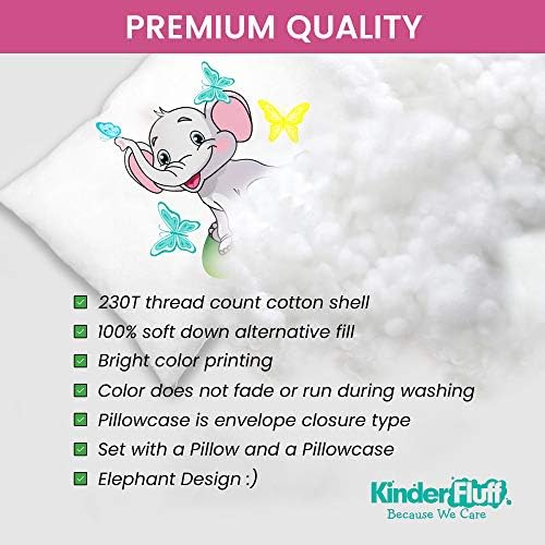 kinder Fluff Child Pillow with Pillowcase- 300T Cotton Shell & Down Alternative Fill - Ideal for Travel, Bedding Set & Floor Cushions (13x18in - White Pillow with Pillowcase Elephant Design)