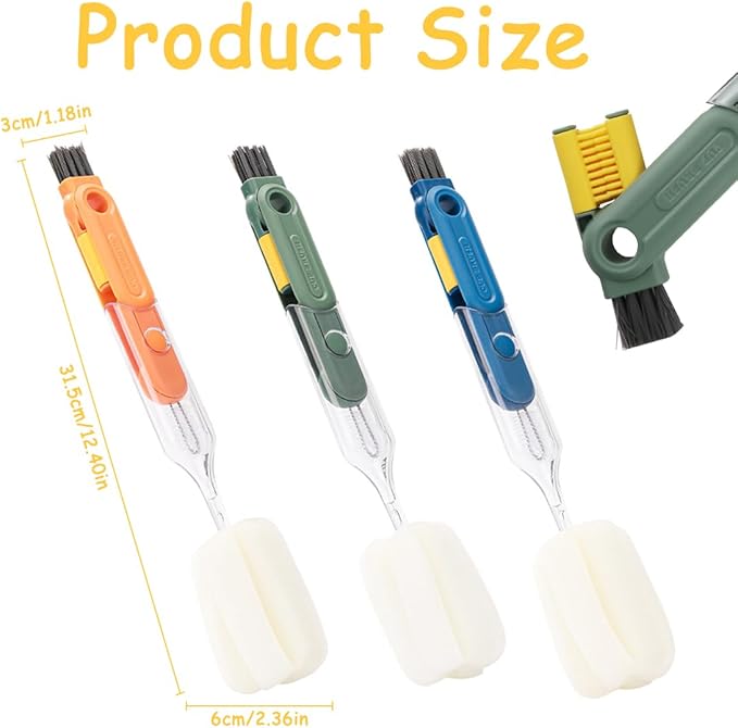 3 PCS 5 in 1 Soft Bottle Brush, Bottle Cleaning Brush Set with Sponge, Cup Lib Clear Brush Bottle Gap Brush Portable Crevice Cleaning Brush Set