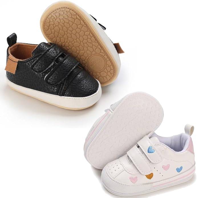 2Pairs Baby Shoes,Boys Girls Non-Slip Rubber Sole Sneakers,Unisex Infant Soft Lightweight First Walking Crib Shoes