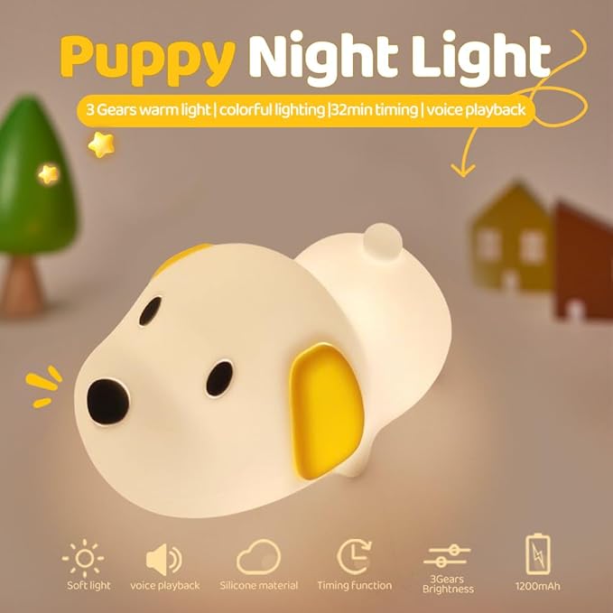 S NMT Cute Dog Silicone Night Light for Kids Room, 7 Colors Changing Nursery Sleeping Lamp, 3 Level Brightness Beside Table Lamp for Baby Room Gifts