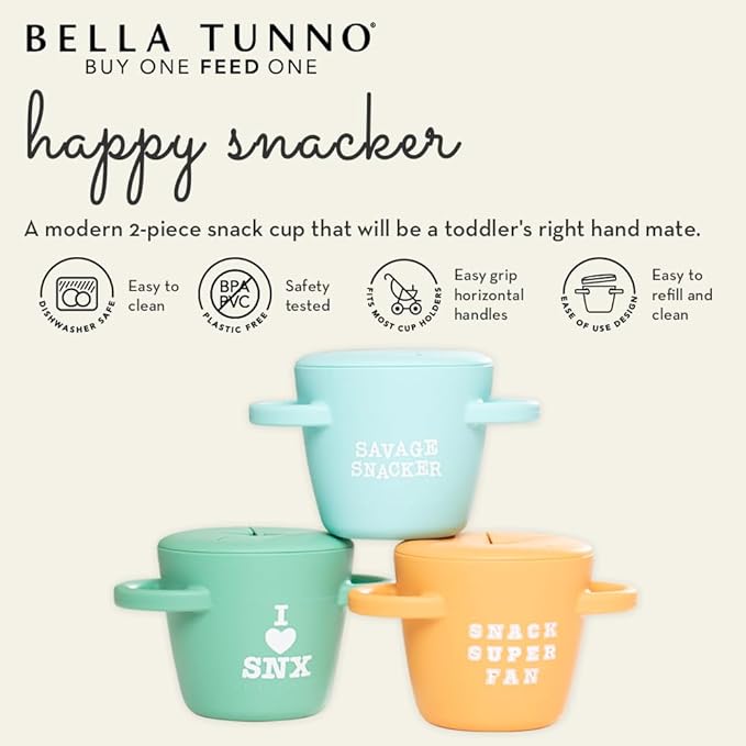 Bella Tunno Snack Cups for Toddlers, Set of 2 Silicone Spill Proof Food Containers with Lids, Babies & Kids 6-12 Months, Love at First Bite & Hello Snacks