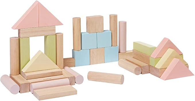 PlanToys 40 Piece Unit Block Building and Construction Block Set (5507) | Pastel Color Collection |Sustainably Made from Rubberwood and Non-Toxic Paints and Dyes