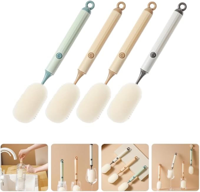 Amosfun 4Pcs Long Handle Cup Cleaning Brush Sponge Brush for Bottles Wine Glasses and Tumblers Safe Lightweight Household Cleaning Tool