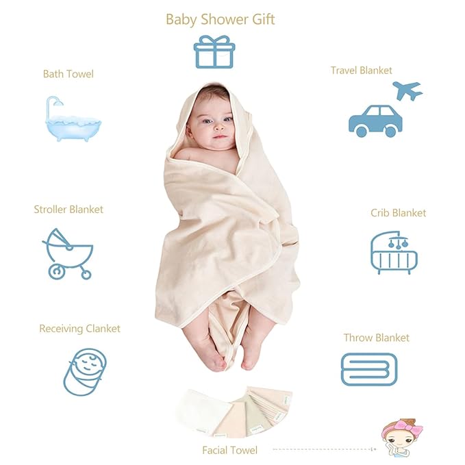 6-Pack Organic Cotton Baby Hooded Towel & Washcloths Set - Ultra Soft, Reusable, Baby Bath Towel for Newborns, Infants & Toddlers, Unisex Gifts, Brown 37.5 x 37.5 Inches