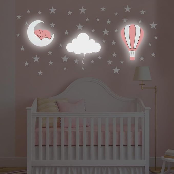 Dreamy Skies Nursery Wall Set – Elephant on Moon, Hot Air Balloon & Star Stickers Pink Style Girls Room Decor