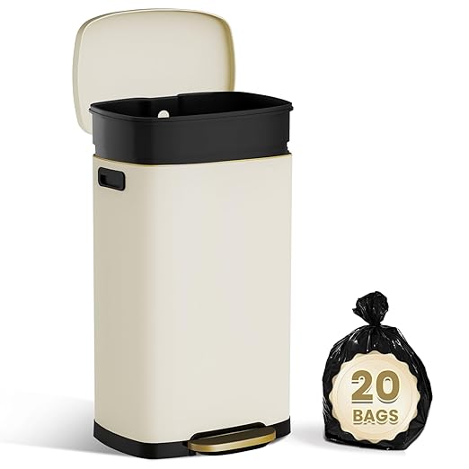 ELPHECO Kitchen Trash Can with Lid Soft Close, 13 Gallon / 50L Stainless Steel Pedal Garbage Can, Heavy-Duty Fingerprint Proof Step Wastebasket with 20 Bags, Removable Bucket, Home Office, Cream Beige