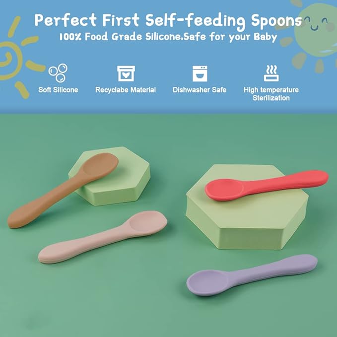Vicloon Silicone Baby Feeding Spoons, 4 PCS First Stage Feeding Spoons for Infants, Baby Led Weaning Feeding Supplies Training Spoon, Toddler Utensils, Ultra-Durable & Chewproof, Dishwasher Safe